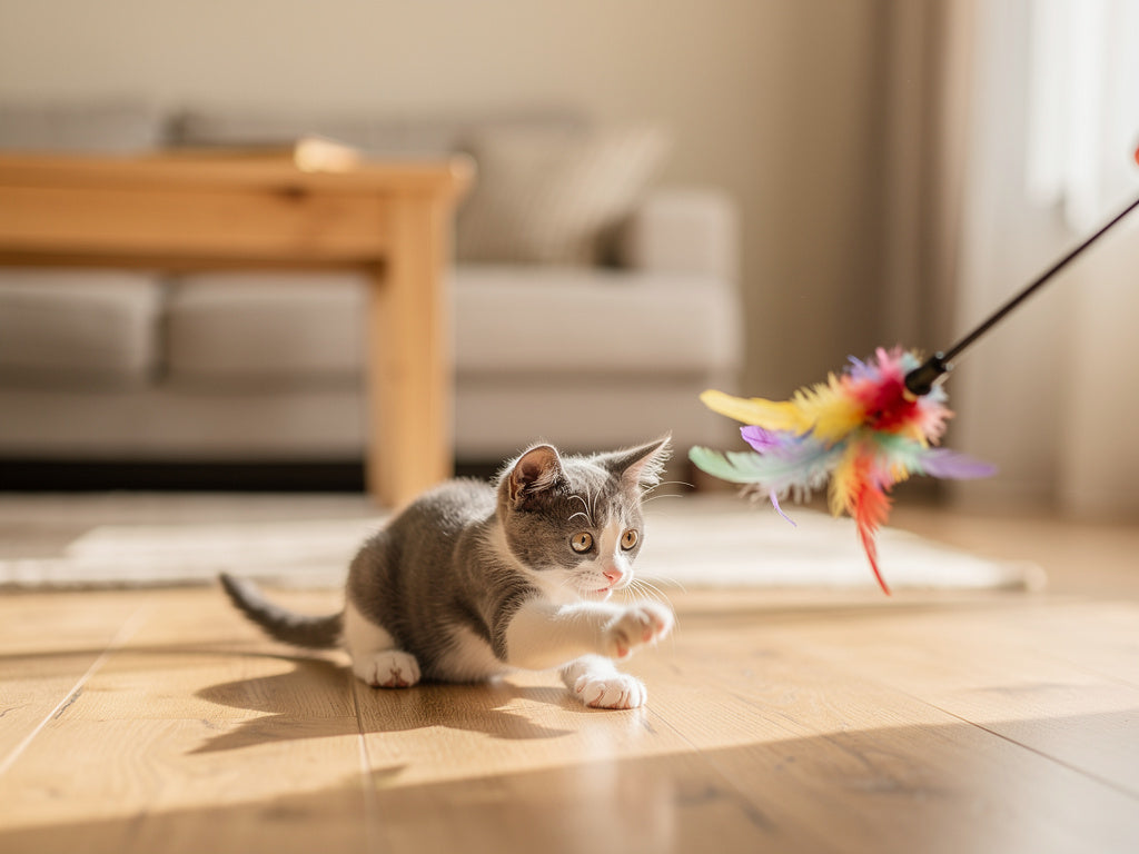 A kitten playing with a feather wand toy at home