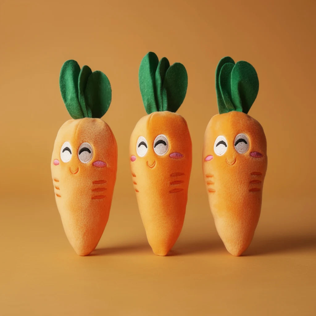 Three plush carrot dog toys, studio photo